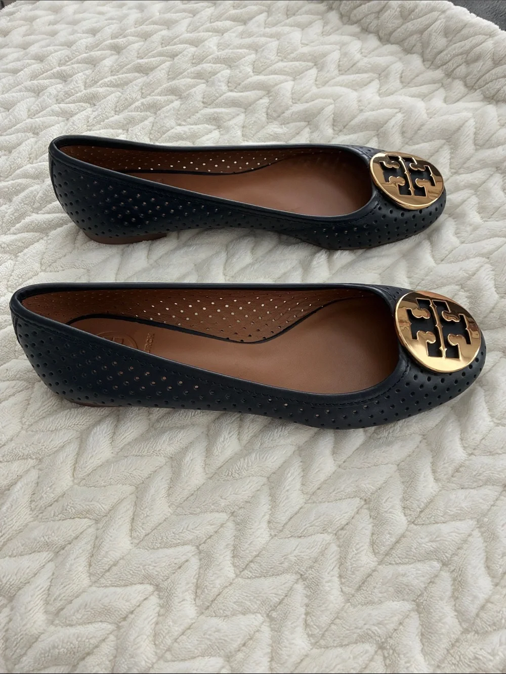 Tory Burch Black Perforated Logo Ballet Flats with Gold Emblem